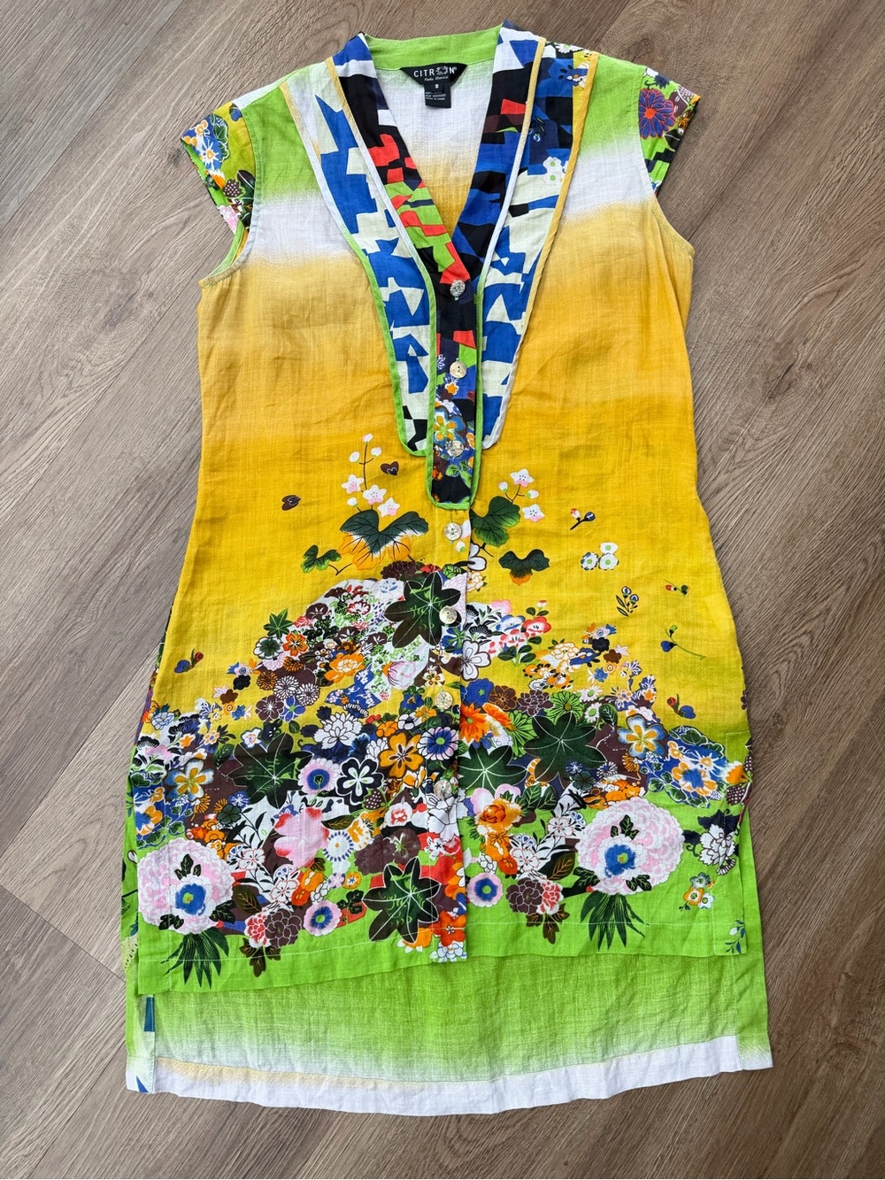 Citron Yellow Green Floral Button-Front Mini Dress/Tunic Sz S